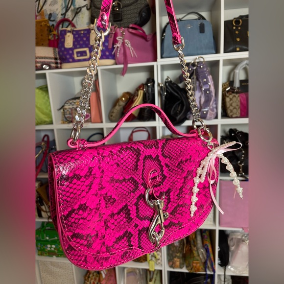 Rebecca Minkoff Megan Half Moon Crossbody in the Hot Pink Embossed Snakeskin 🐍